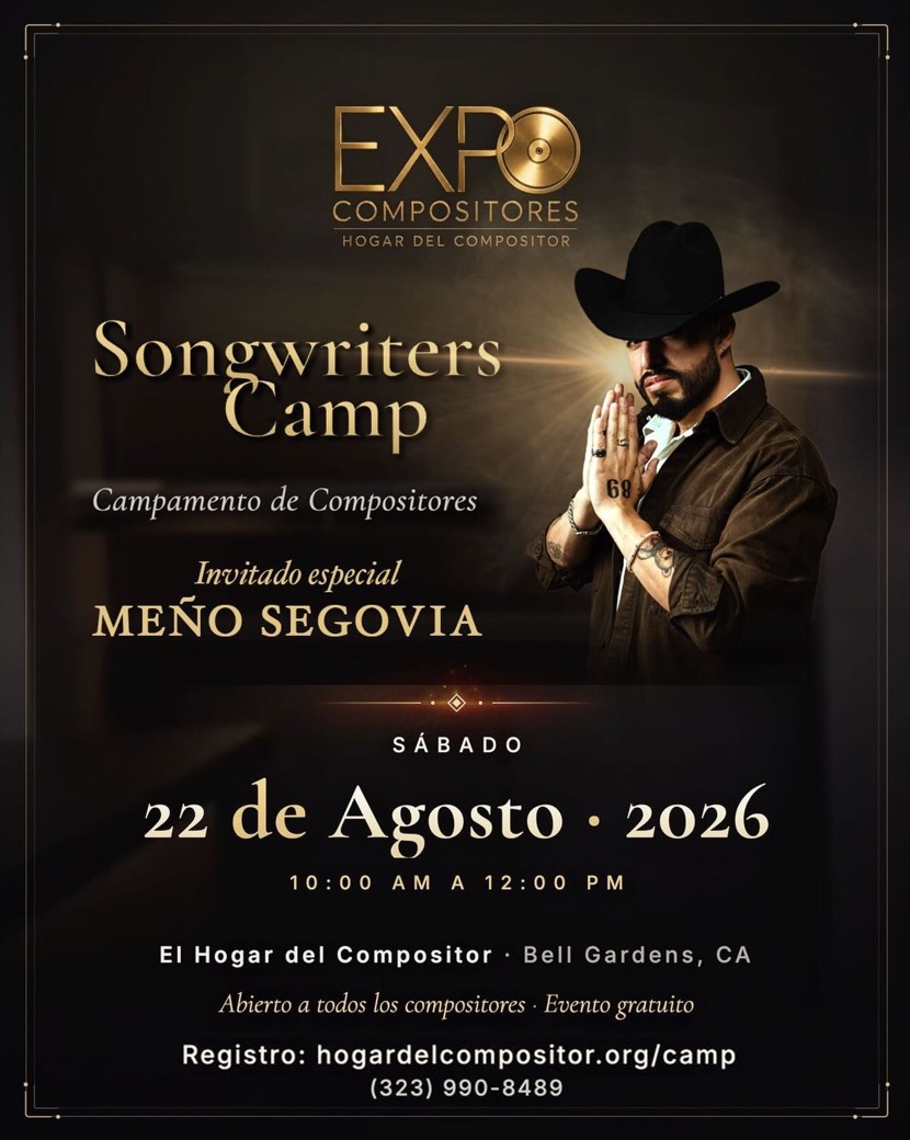 Save the Date: Songwriters Camp, sábado 22 de agosto de 2026, El Hogar del Compositor, Bell Gardens, CA