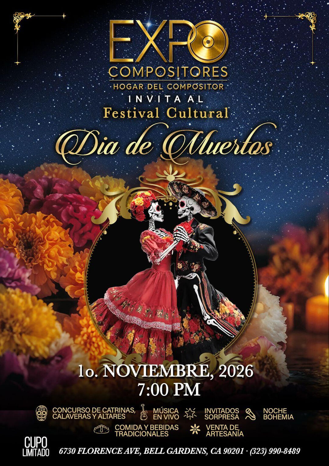 Cartel del Festival Cultural de Día de Muertos de Expo Compositores, 1 de noviembre de 2026, 7:00 PM, 6730 Florence Ave, Bell Gardens, California