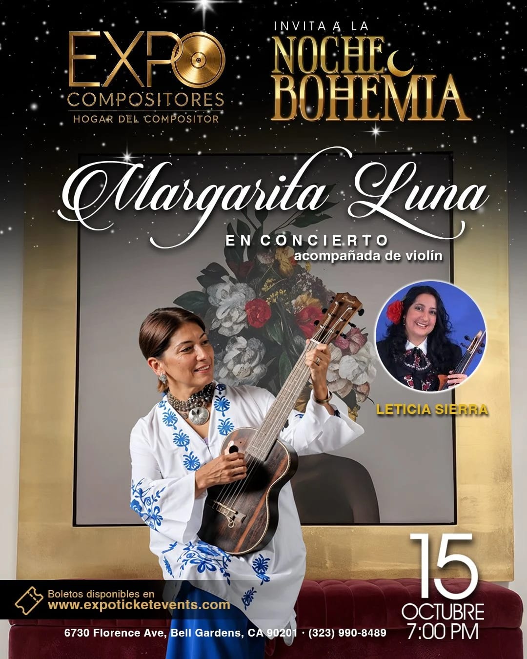 Cartel de Noche Bohemia: Margarita Luna en concierto, jueves 15 de octubre, El Hogar del Compositor
