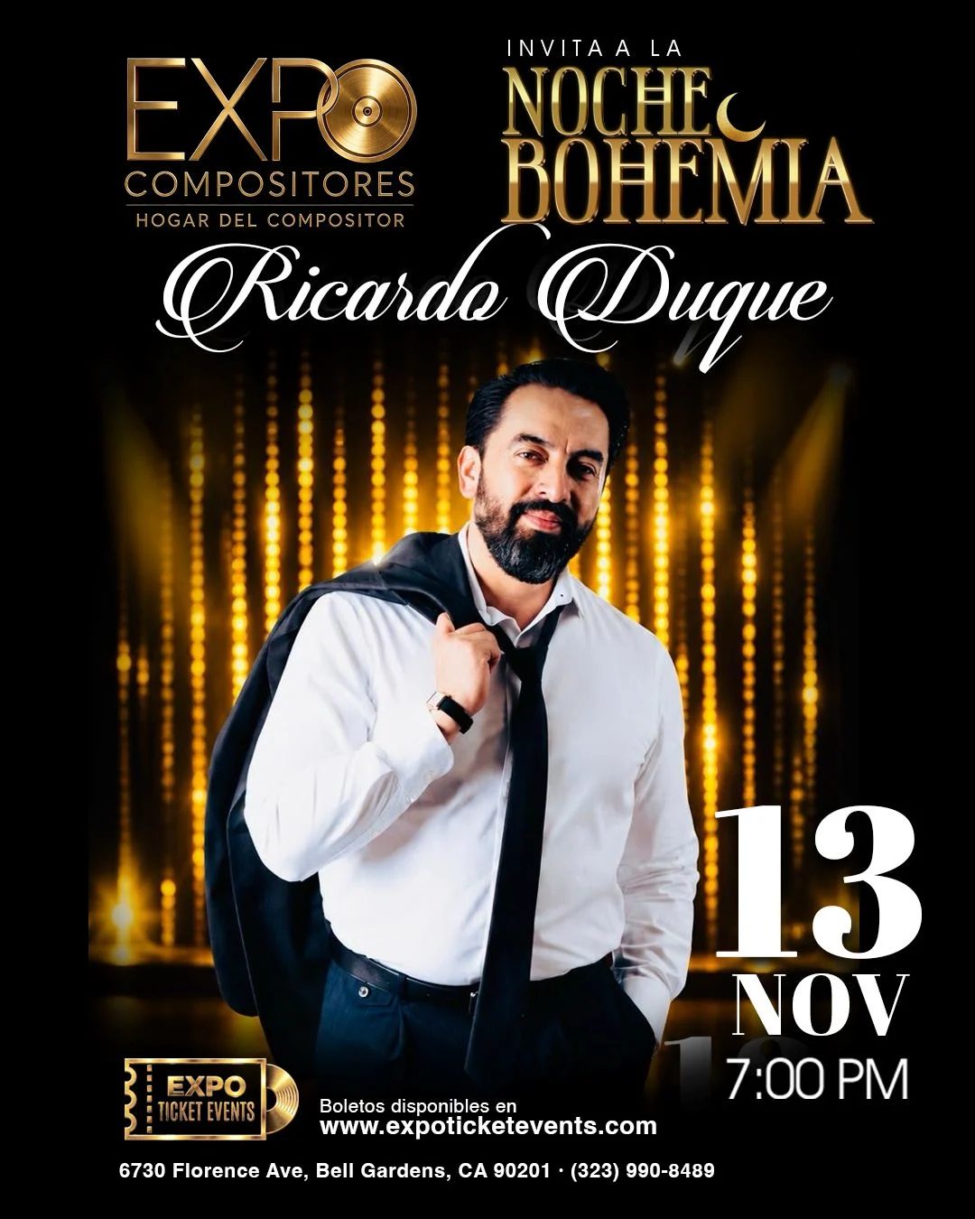 Cartel de Noche Bohemia: Ricardo Duque en concierto, viernes 13 de noviembre, El Hogar del Compositor